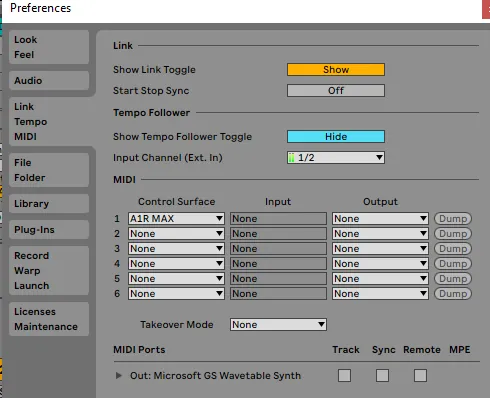 Ableton Preferences Control Surface = A1R PRO