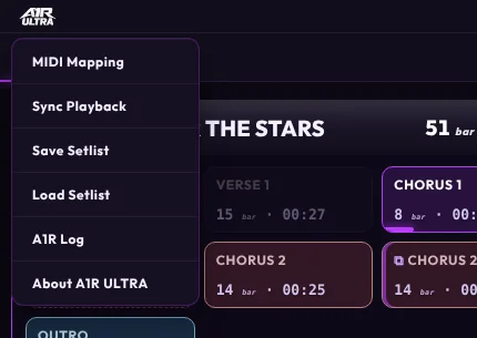 The logo menu opened under the ULTRA wordmark, with Save Setlist and Load Setlist entries alongside MIDI Mapping, Sync Playback, A1R Log and About