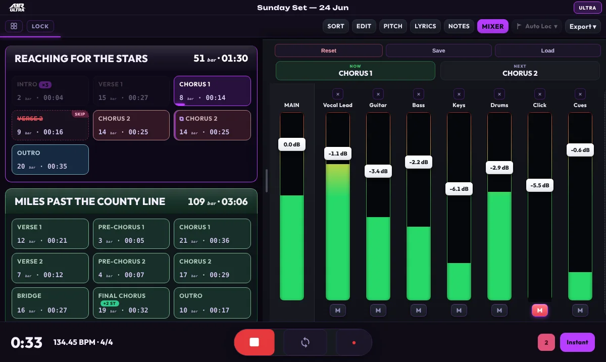 A1R ULTRA SET view on desktop: song lanes with section chips, mixer column on the right and transport at the bottom